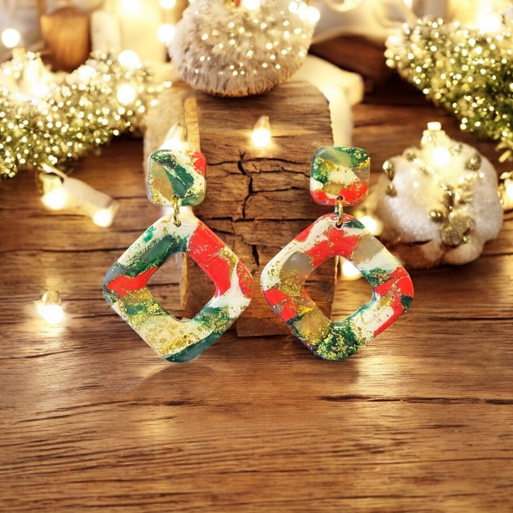 Perfectly imperfect by Heather. Colorful Geometric Christmas Earrings